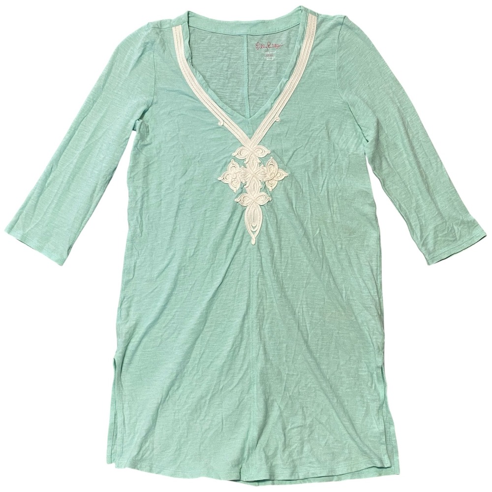 Lilly Pulitzer Mint Green Cotton Soutache V-Neck 3/4 Sleeve Tunic Top Size Small